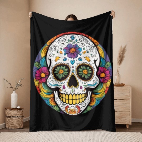 Sugar skull rainbow Throw Blankets