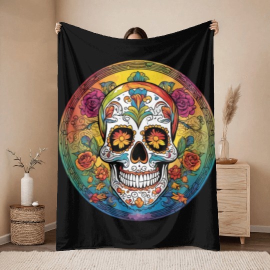 Sugar skull rainbow Throw Blankets
