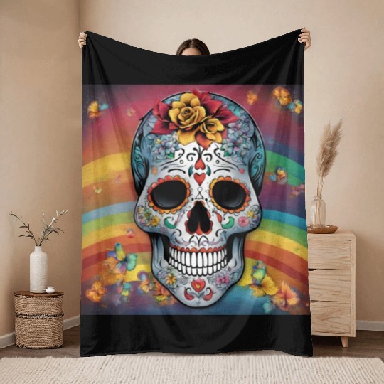 A Sugar Skull pastel colors & Rainbow Throw Blankets