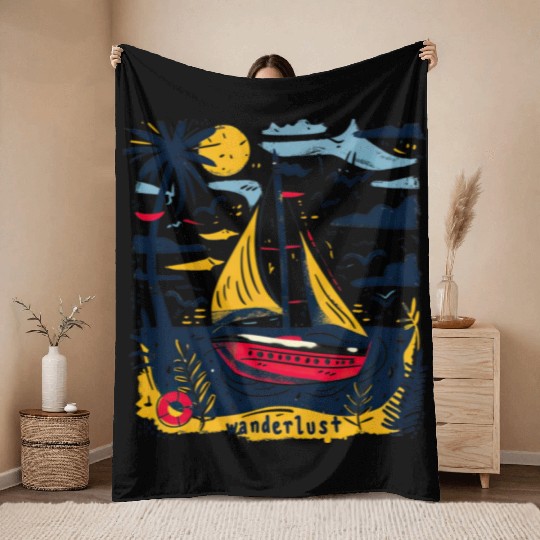 Wanderlust Sailing Boat in The Sea Colorful Print Throw Blankets