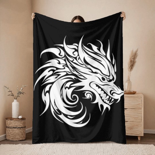 Roaring Chinese Dragon In Tattoo Style Throw Blankets