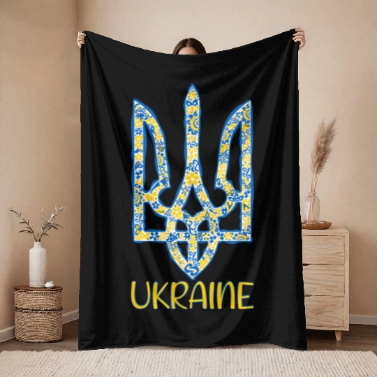 Ukraine trident in Ukrainian flag colors Throw Blankets