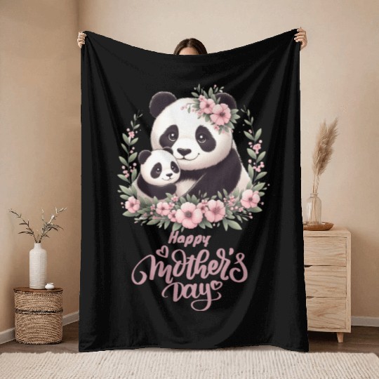 Happy Mother's Day Floral Wreath Mum Panda Throw Blankets