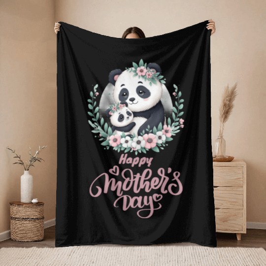 Happy Mother's Day Floral Wreath Mum Panda Throw Blankets