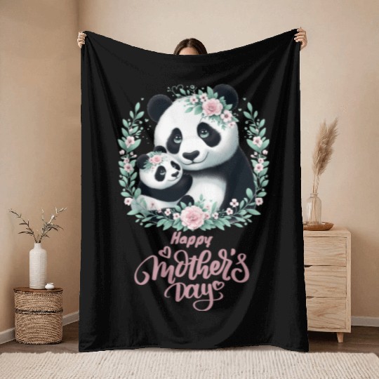 Happy Mother's Day Floral Wreath Mum Panda Throw Blankets