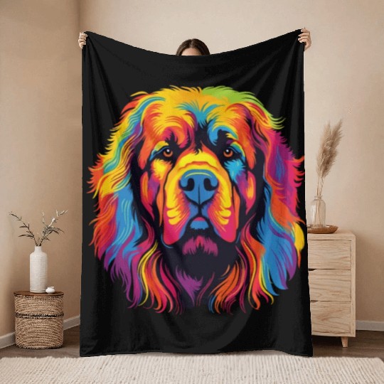 Watercolor Colorful Tibetan Mastiff Throw Blankets