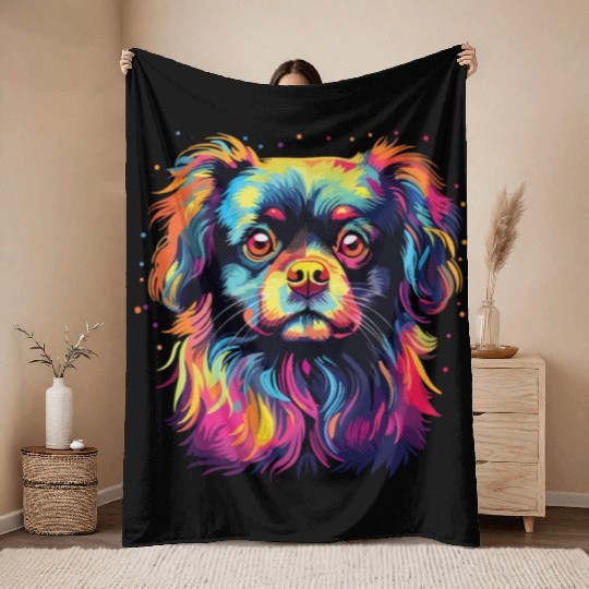 Watercolor Colorful Tibetan Spaniel Throw Blankets