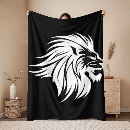 Waving Mane Lion Head Tattoo Ink Style Throw Blankets