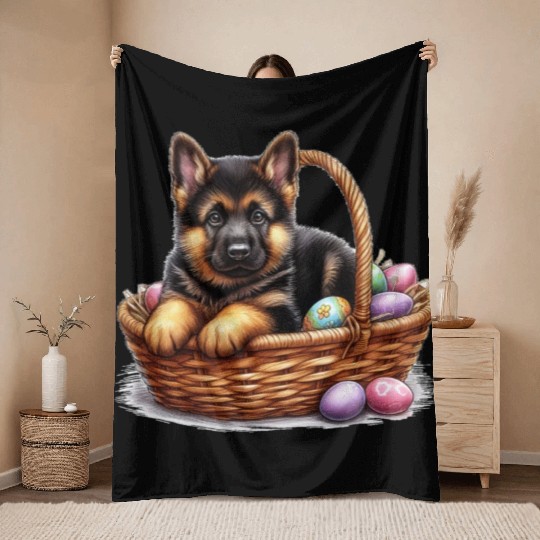 Easter Puppy with Colorful Eggs Throw Blankets