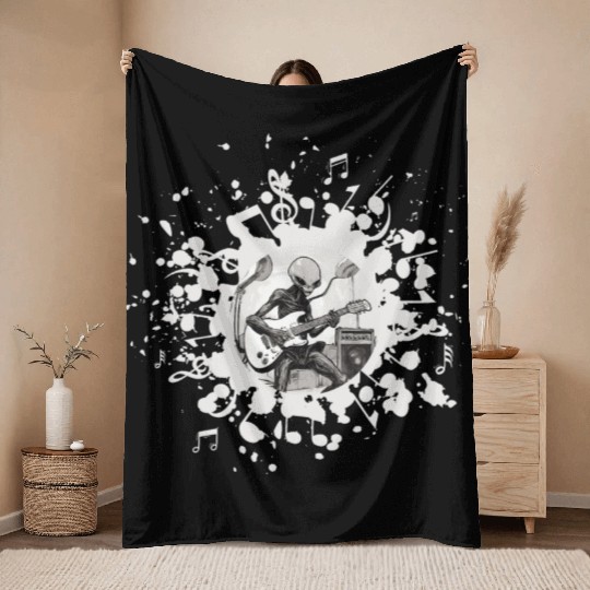Alien Playing Guitar Throw Blankets