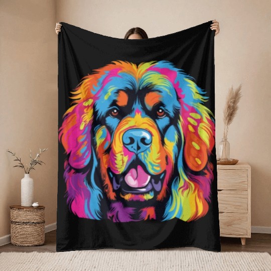 Watercolor Colorful Tibetan Mastiff Throw Blankets