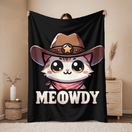 Cute Meowdy Cat Cowboy Pun Throw Blankets