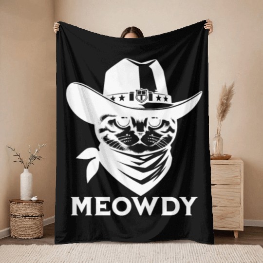 Cute Meowdy Cat Cowboy Pun Throw Blankets