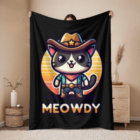 Cute Meowdy Cat Cowboy Pun Throw Blankets