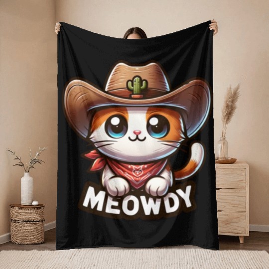 Cute Meowdy Cat Cowboy Pun Throw Blankets