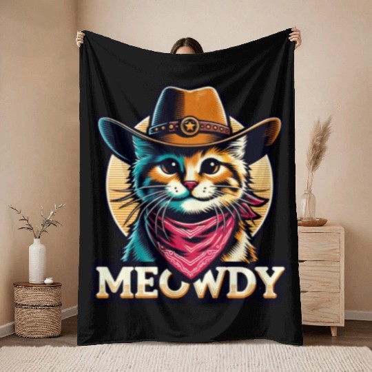 Cute Meowdy Cat Cowboy Pun Throw Blankets