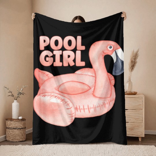 Pool Girl Flamingo Floatie Swimming Pool Throw Blankets