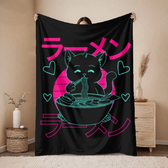 Aesthetic Anime Ramen Cat Retro Japanese Throw Blankets