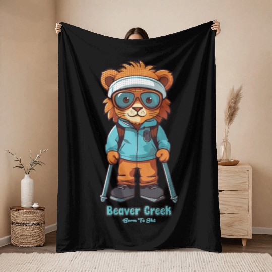 Cute Lion Skiing Beaver Creek Throw Blankets