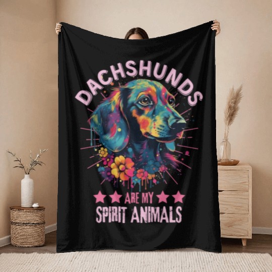 Colorful Dachshund with flowers Throw Blankets