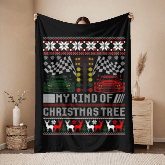 Drag Racing Christmas Tree Race Car Ugly Sweater Throw Blankets