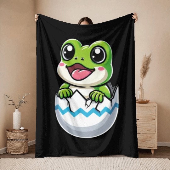 Colorful Easter Egg with Hatching Frog Design Throw Blankets