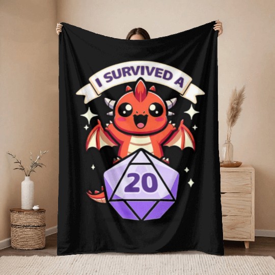 Kawaii Dragon - I Survived A Critical Hit Throw Blankets