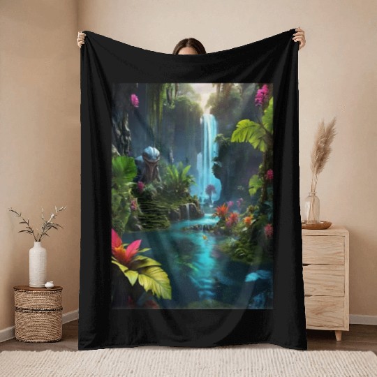 alien jungle with a lagoon and waterfall Throw Blankets