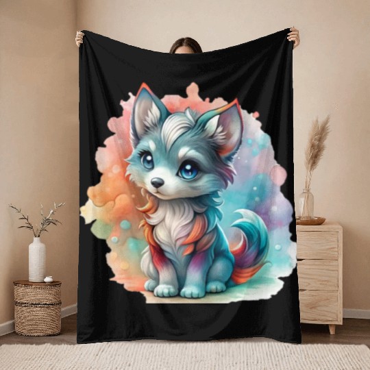 Cute Chibi Grey Wolf For Wolf Lovers Throw Blankets