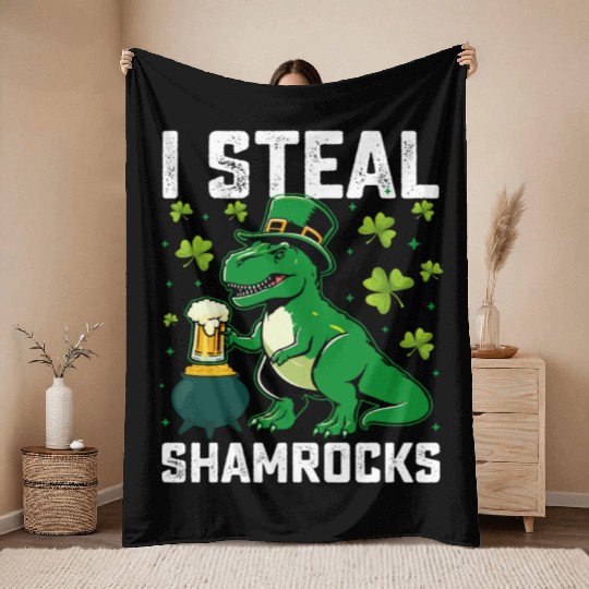 I Steal Shamrocks T Rex Dinosaur St Patrick's Day Throw Blankets