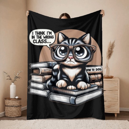 Funny Cat in Oversized Glasses Reading Humor Throw Blankets