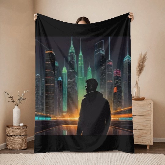 Neon Horizon: A Futuristic Cityscape Throw Blankets