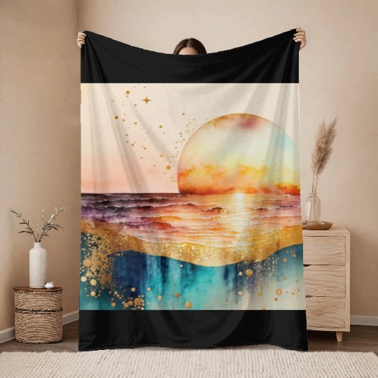 Sunset Beach Watercolor Painting Throw Blankets