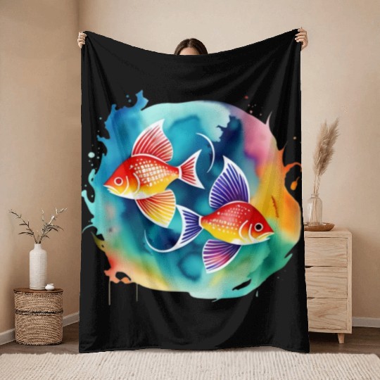 Color splash zodiac: Pisces Throw Blankets