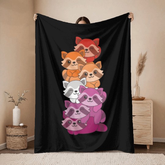 Lesbian Flag Pride Lgbtq Cute Raccoon Throw Blankets