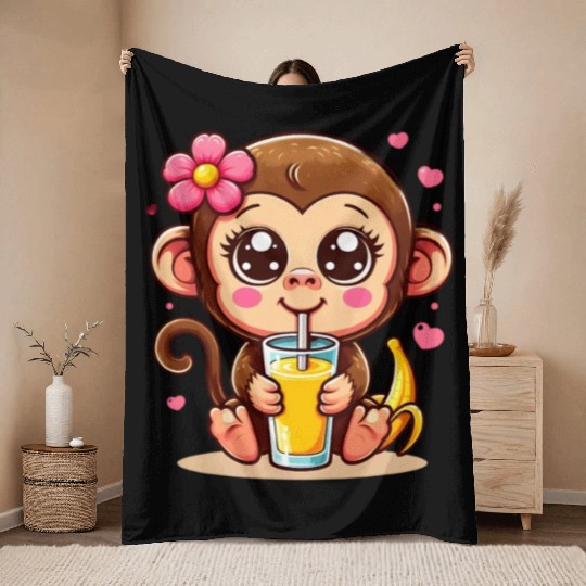 Monkey Sipping Banana Juice Throw Blankets