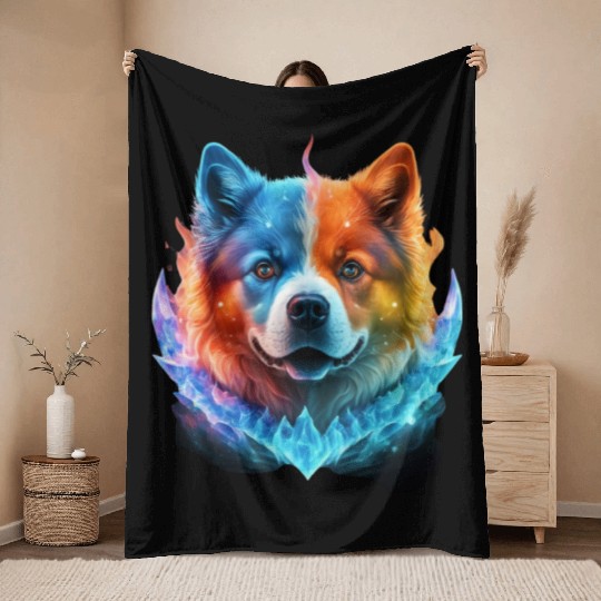 my puppy image ice and fire glow on Throw Blankets