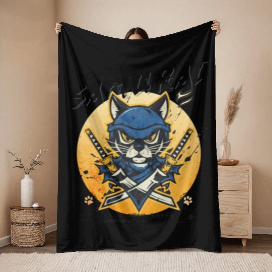 Samurai Cat, Ninja Cat, Cat Assassin, Warrior Cat Throw Blankets