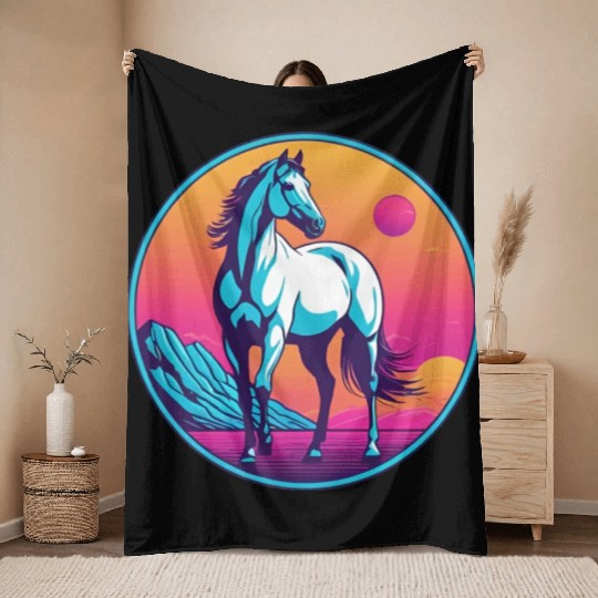 Synthwave Horse 3 Throw Blankets