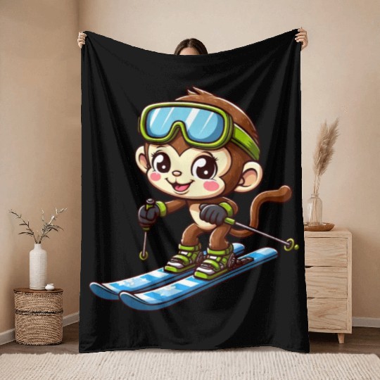 Monkey Chimpanzee Skier Winter Sports Vacation Throw Blankets