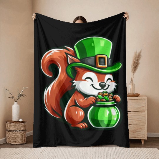 St. Patrick's Day Cute Squirrel Comic Design Throw Blankets