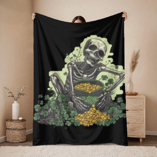 St Patricks Skeleton Pot of Gold Throw Blankets