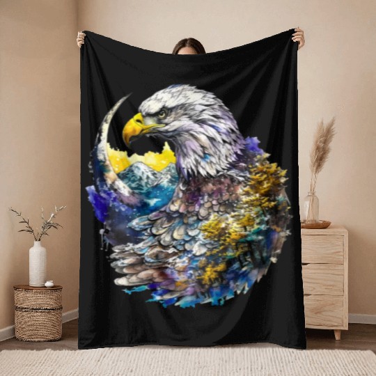 Wilderness Watercolor Forest Moon Eagle Throw Blankets