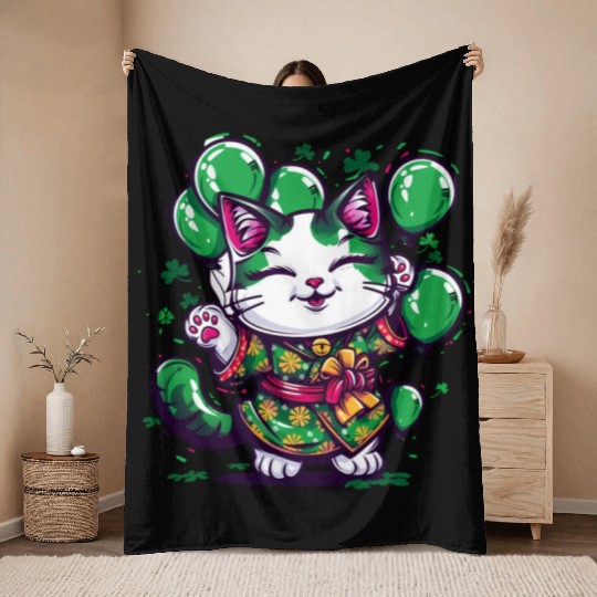 Kawaii St Patricks Day Cat With Balloons Throw Blankets