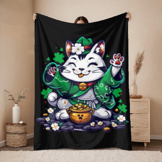 Kawaii St Patricks Day Cat With a Pot Of Gold Throw Blankets