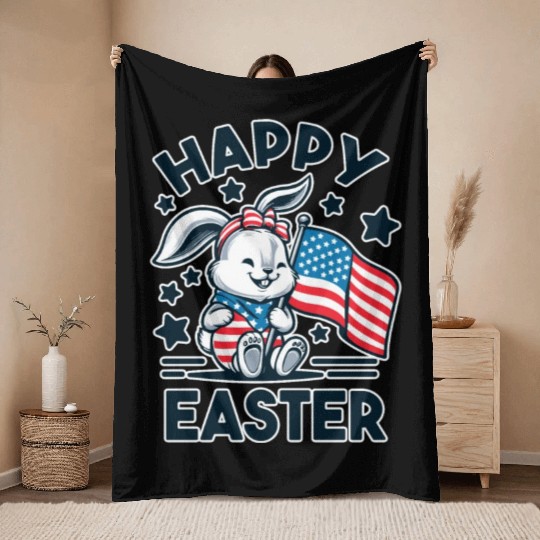 Easter Bunny with American Flag - Happy Easter Throw Blankets