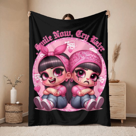 Smile Now Cry Later Drama girls Chicano Art Throw Blankets