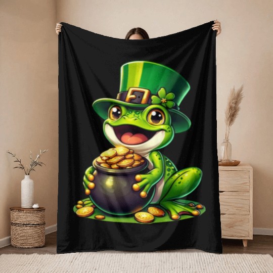 St. Patrick's Day Frog with Gold Throw Blankets