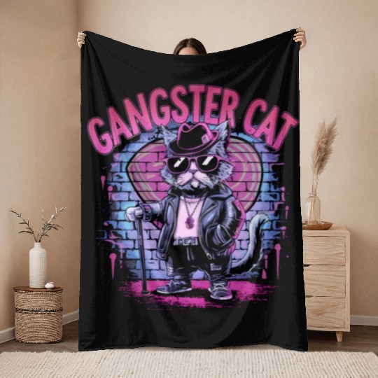 GANGSTER CAT Throw Blankets