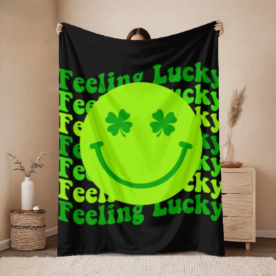 Irish Clover Feeling Lucky Smiling Face Throw Blankets